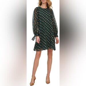 Calvin Klein Woman's Dark Green Chiffon Balloon Long Sleeve Shift Dress Sz 4 New